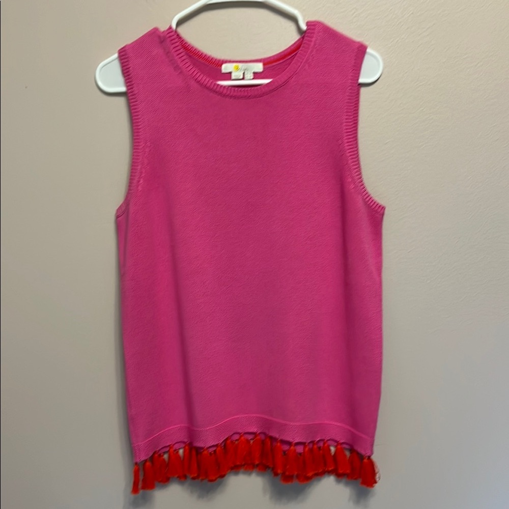 Boden Pink Sleeveless Knit Tunic with Red Tassel Hem